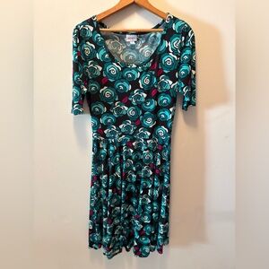 LuLaRoe Teal, Black and White Abstract Floral Midi Dress Size Large